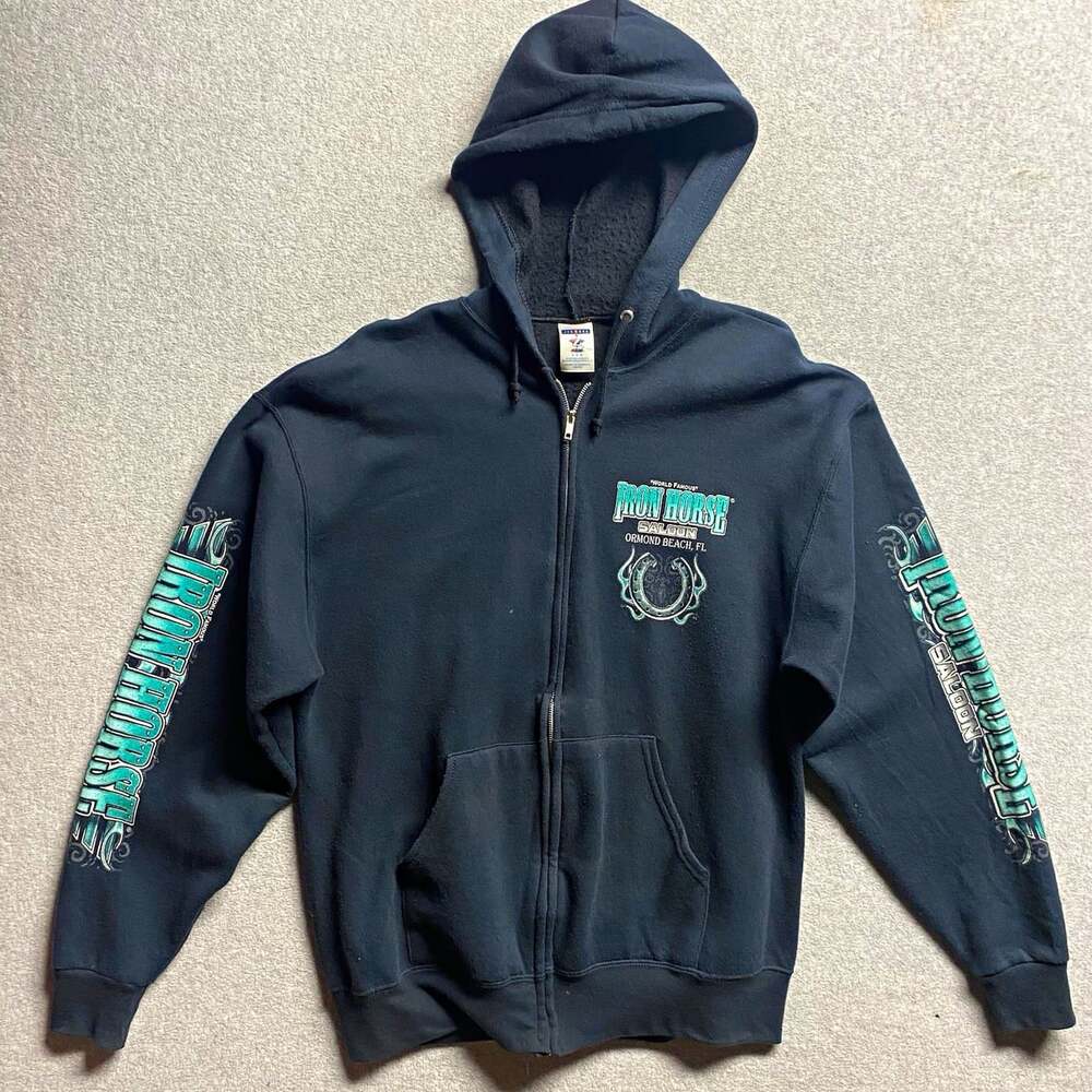 JERZEES Iron Horse Saloon Ormond Beach FL Mens Black Full Zip Graphic Hoodie L